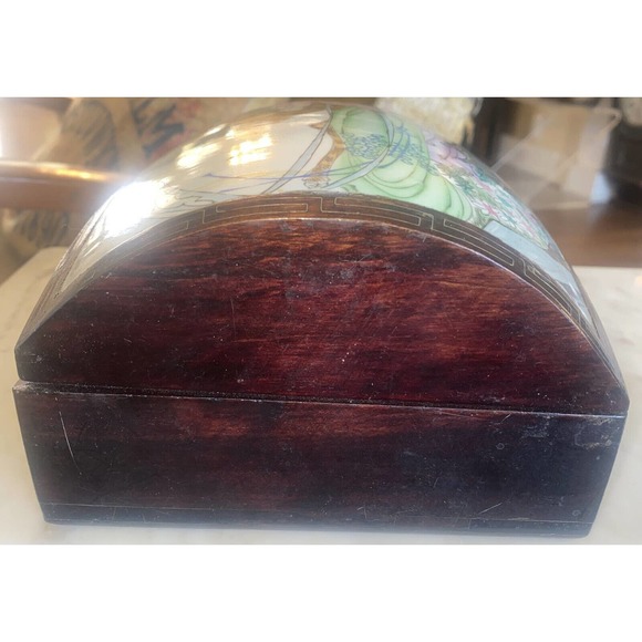 Antique Chinese porcelain &wood trinket box Fine Inlay Around Boarder 8”x7x3.5” - Picture 5 of 6